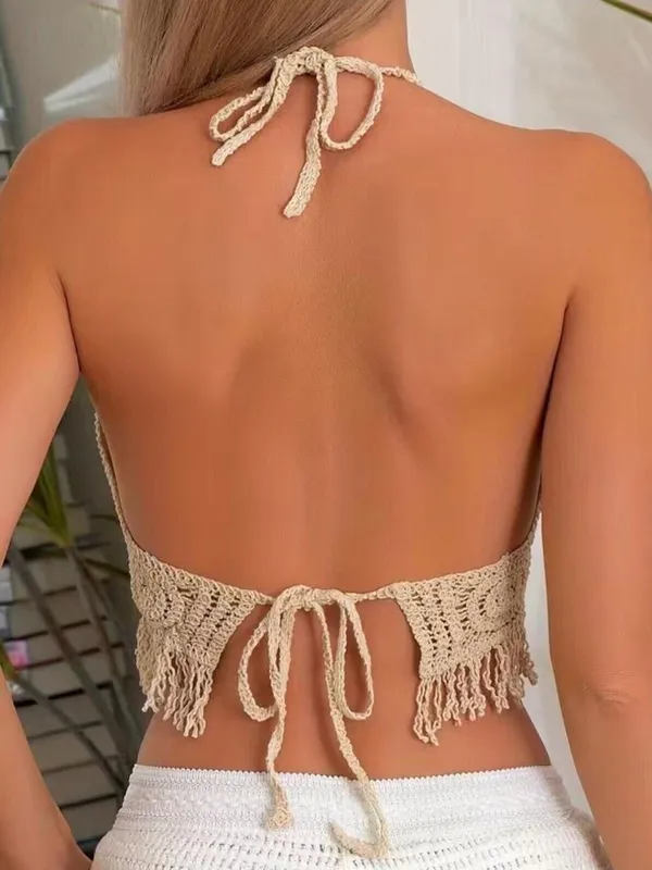 Cream Crochet Fringe Halter Top - Image 2