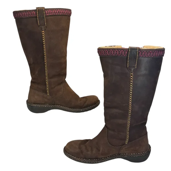 UGG Brown Leather Tall Shearling Boots Women's 8 Stitch Detail‎ Cozy Winter - Image 3
