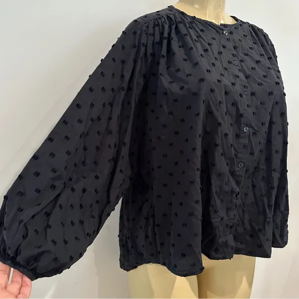 Zara Swiss Dot Blouse Sz M Black Long Sleeves Cotton Button Front Top Shirt - Image 5
