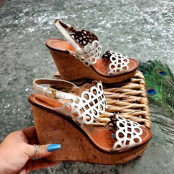Tory Burch Nori Laser-Cut 115MM Wedge Sandal‎ in Ivory - Image 2