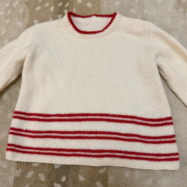 Vintage Unbranded Cream Wool Blend Knit Sweater Red Stripe Preppy Cottage core - Image 5