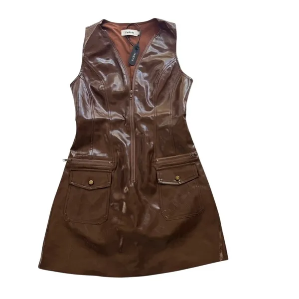 Chocolate Brown Eco Leather Zip-Front Mini Dress NEW Utility Pockets Size Small - Image 2