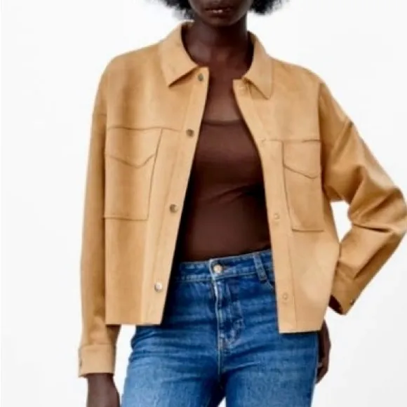 Zara NWT tan camel faux suede collared button front shirt jacket shacket - Image 6