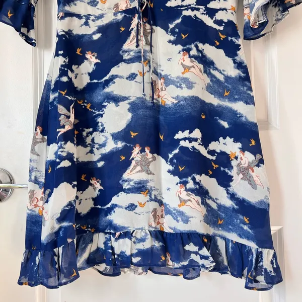 Reformation Blue‎ Laurelei Angel Print Viscose V-Neckline Dress 6P - Image 7