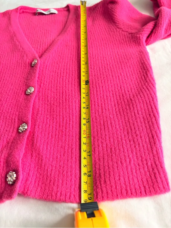 ZARA Hot Pink Fuchsia Cropped Ribbed Cardigan Rhinestone Buttons M - Image 8