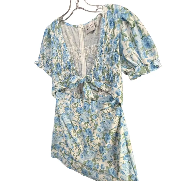 Hello Molly Picnic Loving Mini Dress Women M Blue Floral Smocked Cutout Coquette - Image 4
