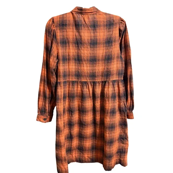 Autumn Inspired Burnt Orange Navy Plaid Button Front Empire Waist Shirt Dress M - Image 2