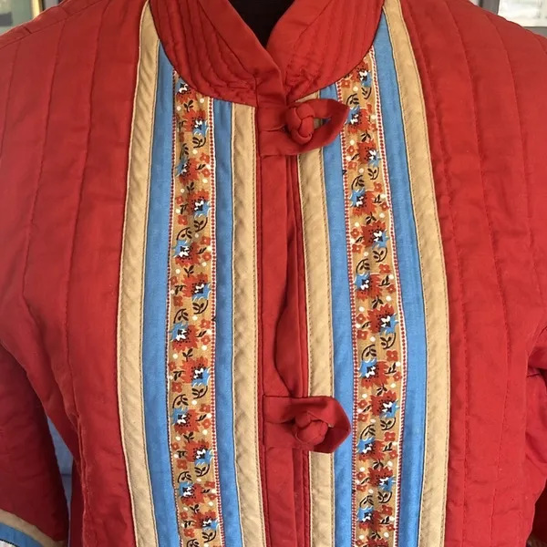 Vintage hand made Red Quilted Jacket with Floral Stripes. Size Large? - Image 2