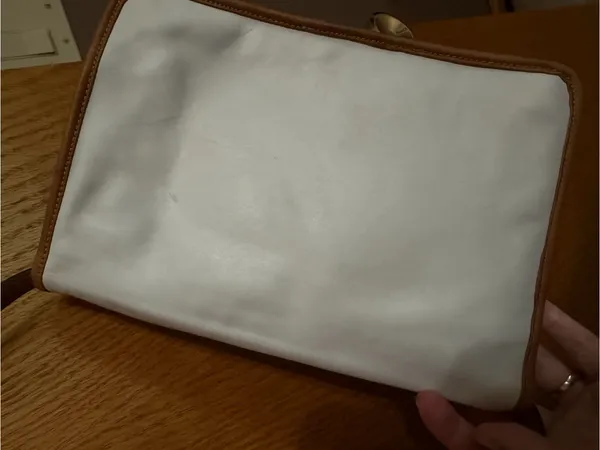 Celine crossbody bag White Leather Tote with Brown Trim and Gold Plaque - Image 7