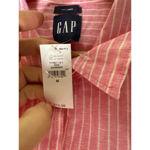 Gap Pink &‎ White Striped Linen Button-Down Shirt Womens Size medium NWT - Image 4