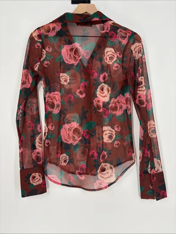 Olivacious sheer brown floral button down top small - Image 4