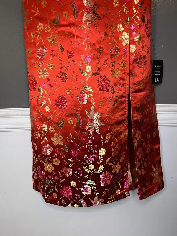 Lulus Dress Womens Medium Red Floral Jacquard Strapless Sheath Maxi Side Slit - Image 4