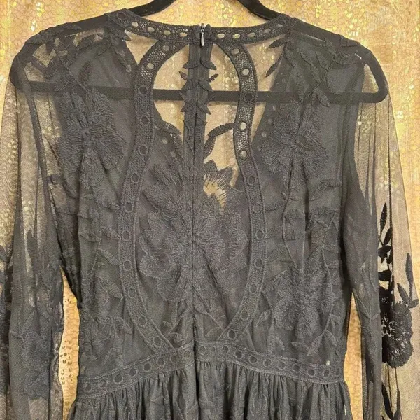 Black Lace Overlay Long Sleeve Floral Witchy Goth Boho Romantic Dress Medium - Image 8