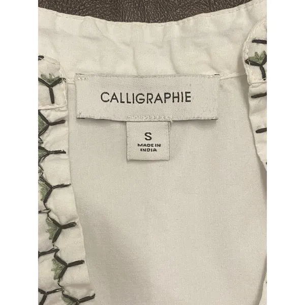 Calligraphie White Embroidered Peasant Blouse Cotton Boho Puff Sleeve Top Small - Image 4