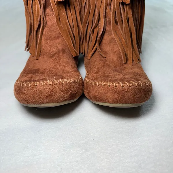 Mossimo Brown Suede Leather Fringe Moccasin Boots Womens 9 Faux Fur Lined Boho - Image 5