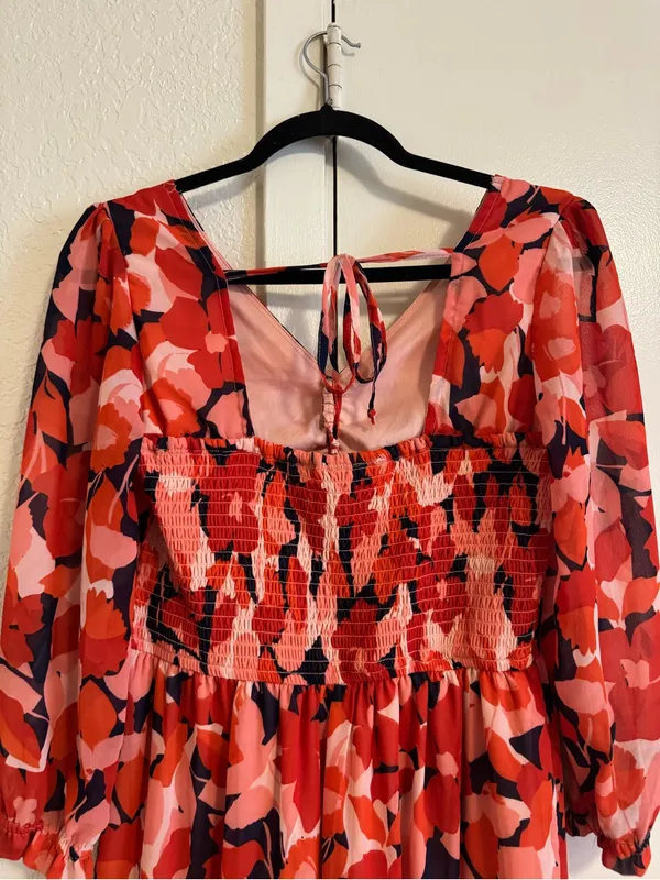 Sincerely Jules Floral Tiered Midi Dress Long Sleeve Chiffon Red Pink Navy Sz M - Image 5