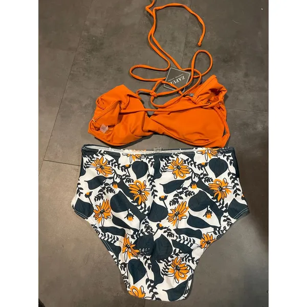 Stylish Floral Two-Piece Bikini Set with Orange Top and Patterned Bottom‎ A-202 - Image 2