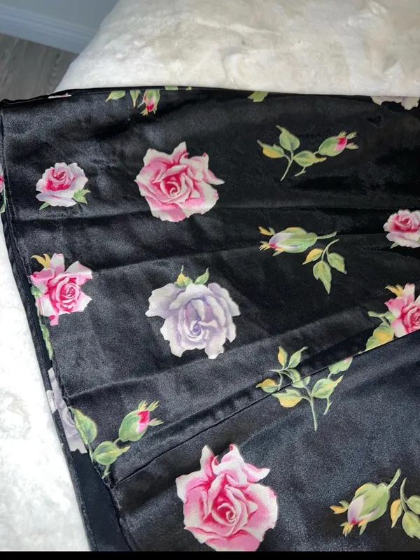 Floral Satin Slip Chemise in Black with Pink & Lavender Roses - Image 3