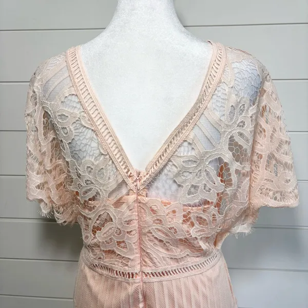 Boohoo Peach Lace Mini Dress Size‎ 10 V-Neck Sheer Sleeve Romantic - Image 5
