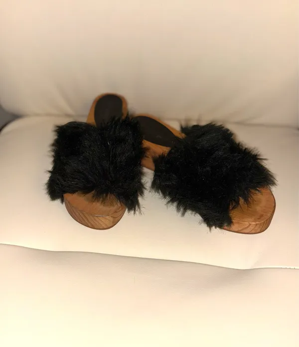 Free People "Sonnet" clogs, characterized by their wooden sole and black synthetic leather details. Size 7 - Image 5