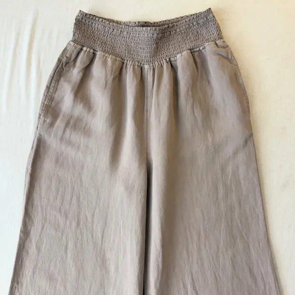 Calypso St. Barth Smocked Linen Blend Wide Leg Pants Womens L Tan Beachy Relaxed - Image 7