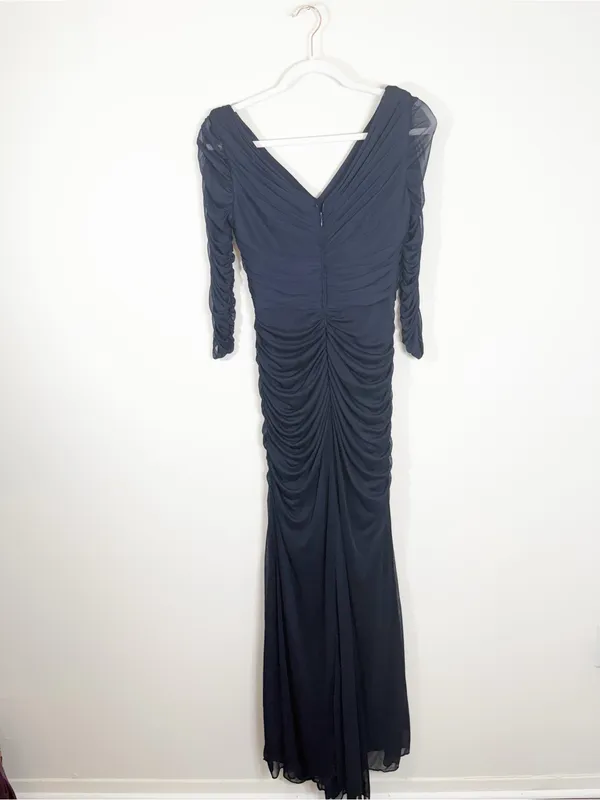 Adrianna Papell Ruched Mesh Navy Blue Beaded V Neck Maxi Dress Formal Size 4 - Image 3