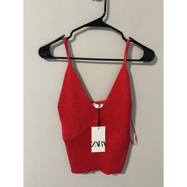 New Zara V- Neck Red Knit Cami Tank Top, Size Medium - Image 2