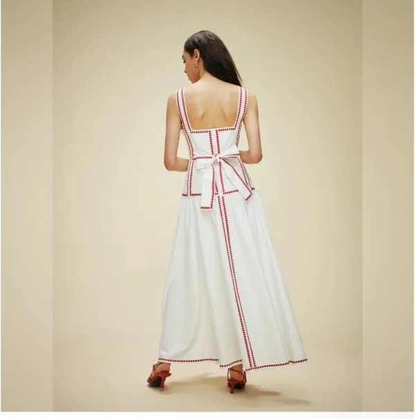 Anthropologie lovers NWT COMMENSE White and Red Trim Maxi back Bow Dress Small - Image 3