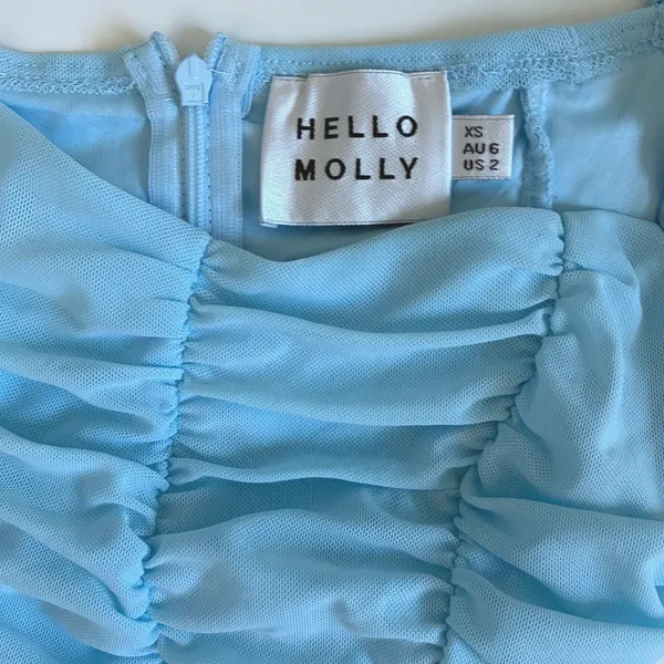 Hello Molly‎ Light Blue Ruched Mini Dress Square Neck Bishop Sleeve Size US 2 XS - Image 5