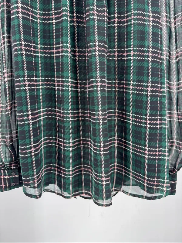 Ann Taylor sheer button front plaid puff sleeve top L professional office casual - Image 4
