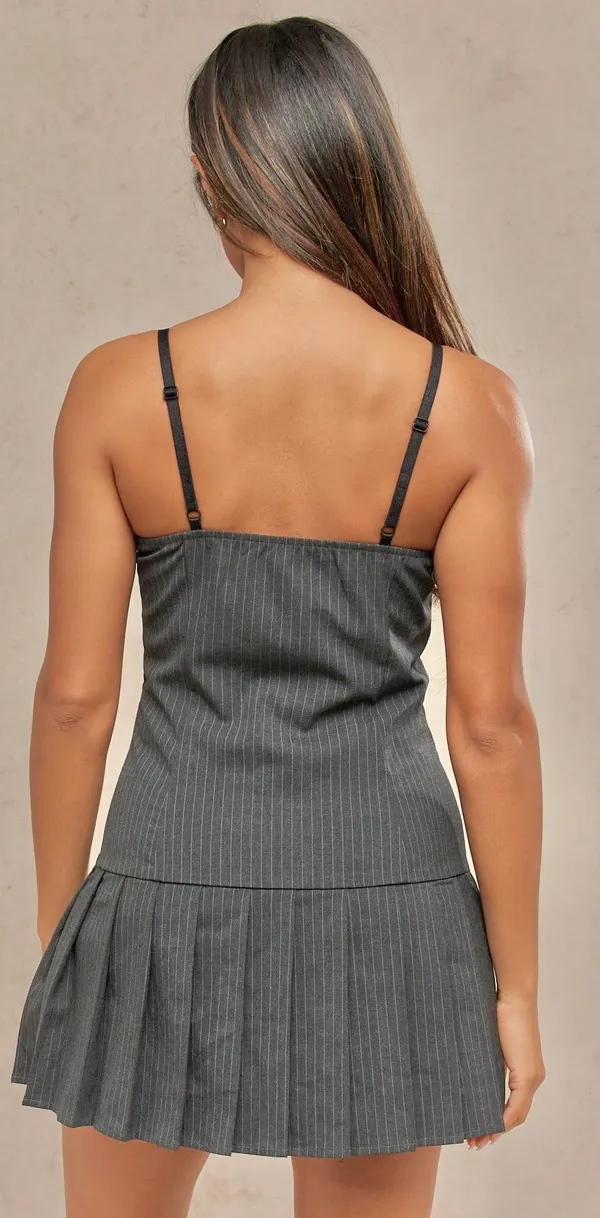 Sincerely Jules Pinstripe Pleated Drop-Waist 90s Vintage Aesthetic Mini Dress L - Image 4
