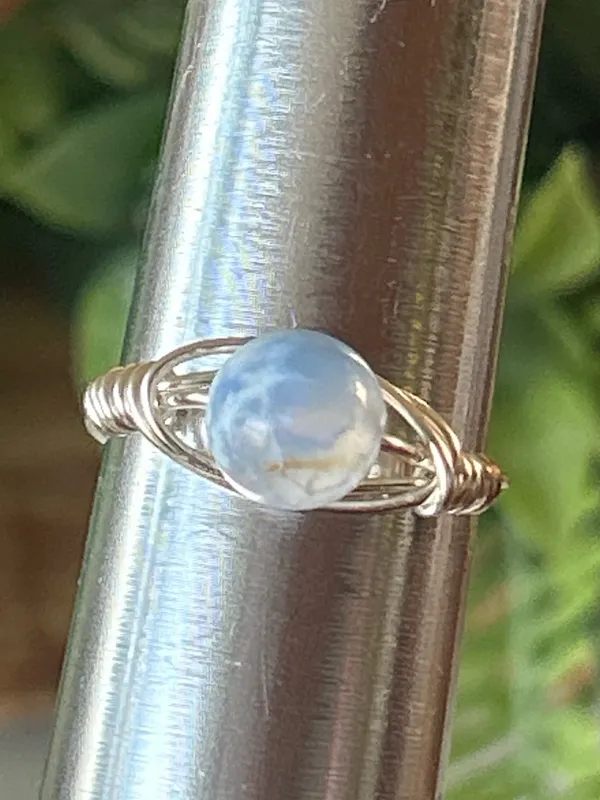 Handmade Handcrafted silver tone blue agate wire wrapped crystal ring size 9 - Image 2