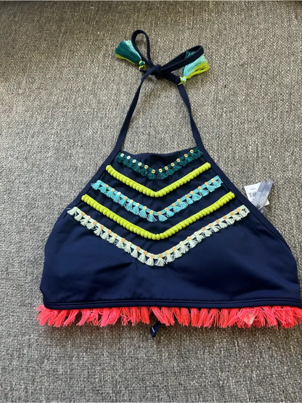 aerie Navy High-Neck Bikini Top with Coral Fringe | Size Medium (New $34.95) - Image 5
