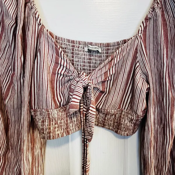 American Eagle Outfitters Striped Smocked Tie Front Crop Top Long Sleeve M - Image 4