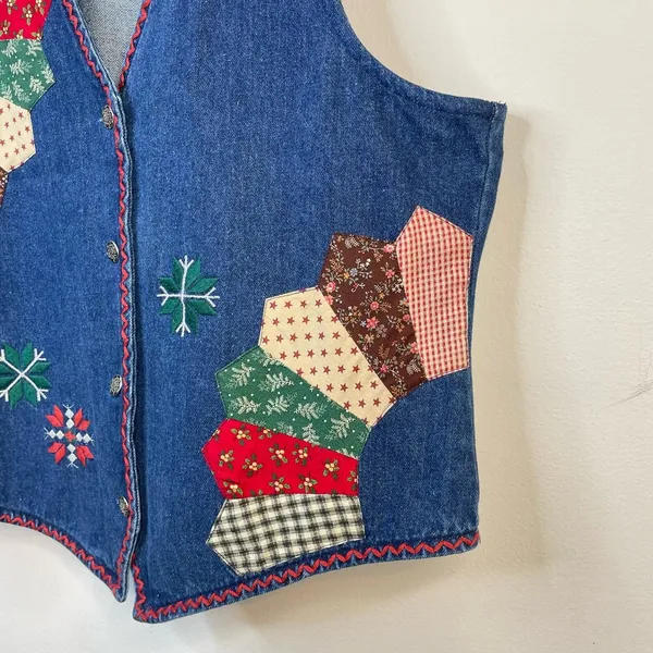 Susan Bristol Vintage Patchwork Embroidered Denim Boho Western Country Vest M - Image 3