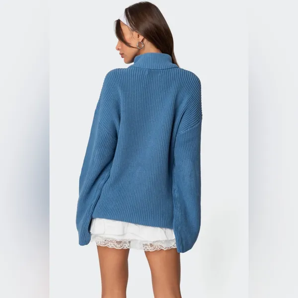 Edikted Sweater Women’s Medium Blue Cropped‎ Ribbed Quarter Zip Pullover - Image 2