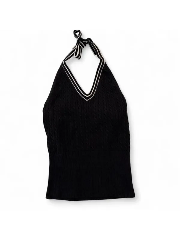 Banana Republic Black sweater halter neck top with white stripes built-in bra Si - Image 2