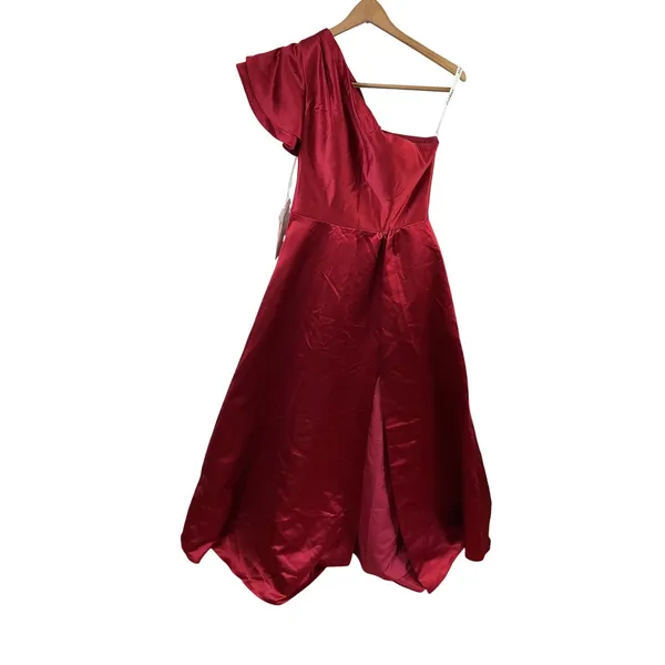 JJs House Burgundy Satin One Shoulder Ruffle Maxi‎ Gown Dress Pockets Size 4 NEW - Image 9