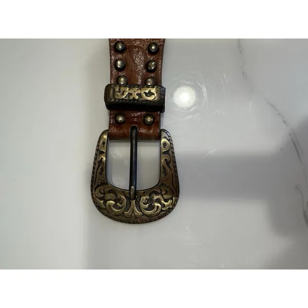 Women's Medium Leather & Brass Belt 30” Total Length Braided Fabric Western Boho - Image 4