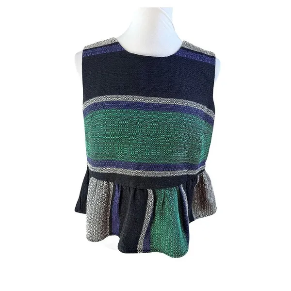 Corey Lynn Calter Anthropologie Woven Striped Peplum Sleeveless Blouse Green S - Image 2
