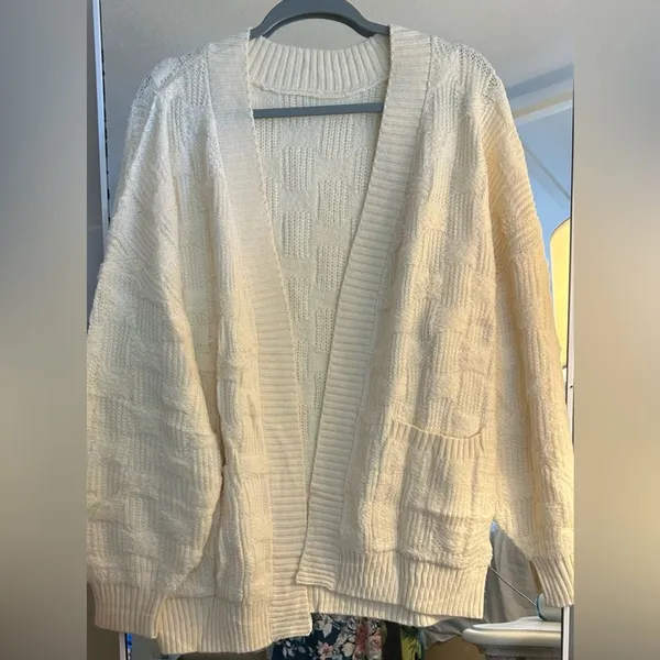 NEW Ivory Oversized Checkered Chunky Cardigan Sweater Open Front XL - Image 3