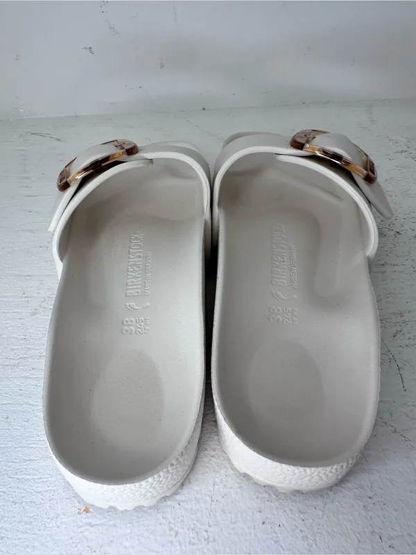 Birkenstock White Slide Sandals with Gold Buckle - Image 4