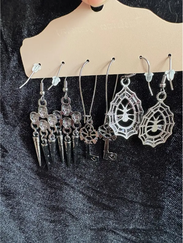 Set of 3 Pairs of Silver-Tone Halloween Themed Earrings with Spider, Skeleton, & - Image 3