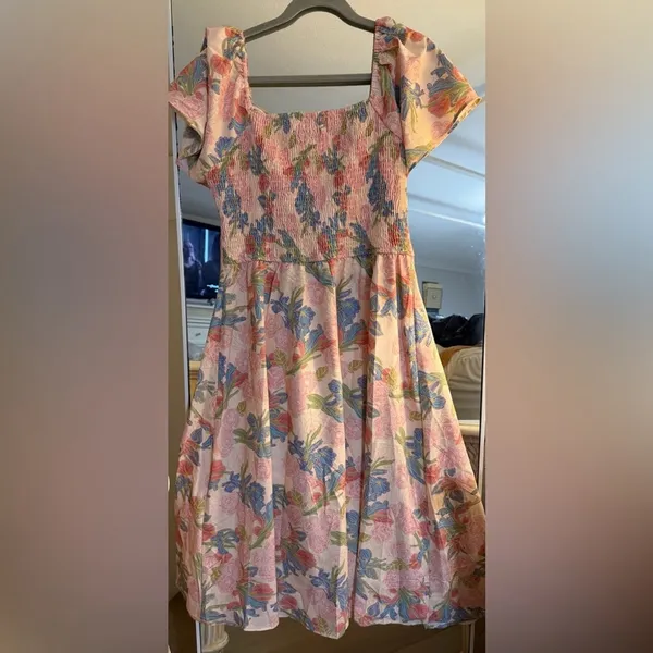 NEW Bridesmay Floral Short Sleeve Flowy Wedding Guest Square Neck Midi Dress XL - Image 3