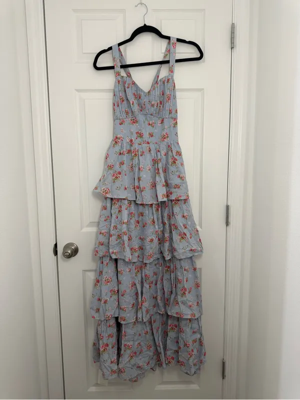 Abercrombie and Fitch Tiered Maxi Dress Lace Up Blue Floral Medium TALL - Image 5