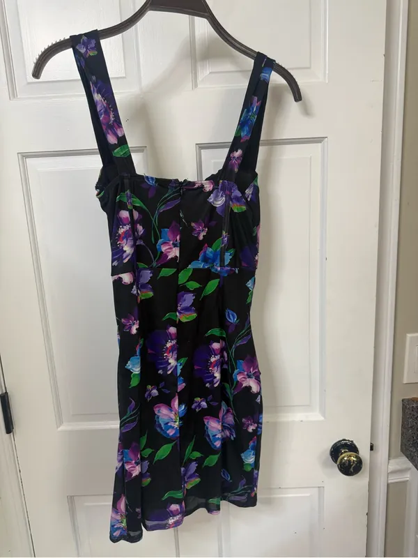 Lulu's Black Mini Dress with Purple, Blue & Green Floral Print - Image 4