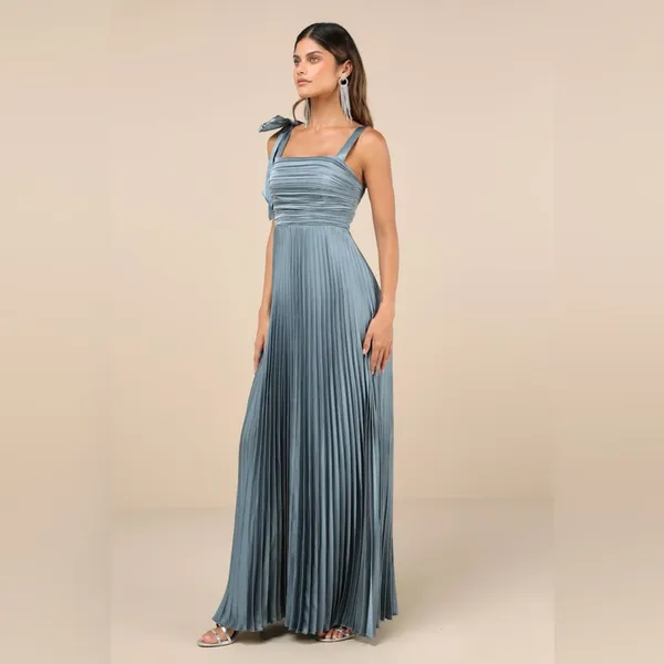 LULU’S Gorgeous Purpose Slate Satin Pleated Sleeveless Bow Maxi Dress - Image 3