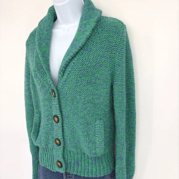 American Eagle Chunky Knit Shawl Collar Cardigan Sweater LG Green Blue‎ Pockets - Image 2