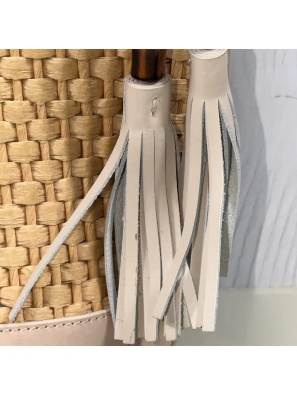 Spartina 449 Woven Straw Bucket Crossbody Bag Bamboo Tassels Cream - Image 5