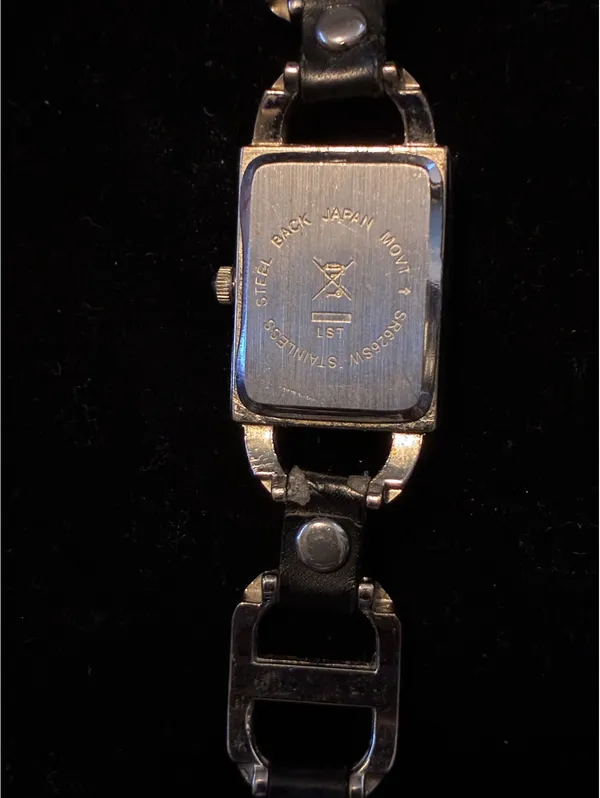 Vintage Women's Watch Silver Tone Rectangular Black Leather Stirrup Links - Image 4